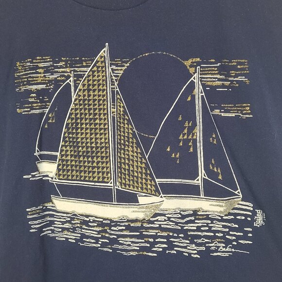 Vtg 1990 Blue Sailboat Graphic Texture Gold Sail Large T-Shirt Single Stitch USA - Picture 2 of 7